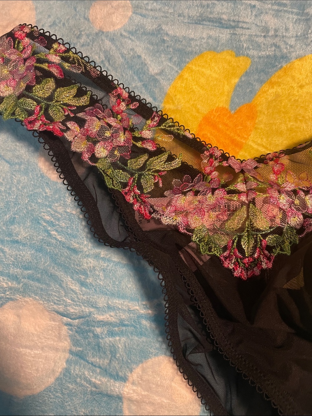 Victoria's Secret Black Sheer Thong with Pink & Green Floral Embroidery - Picture 4 of 5